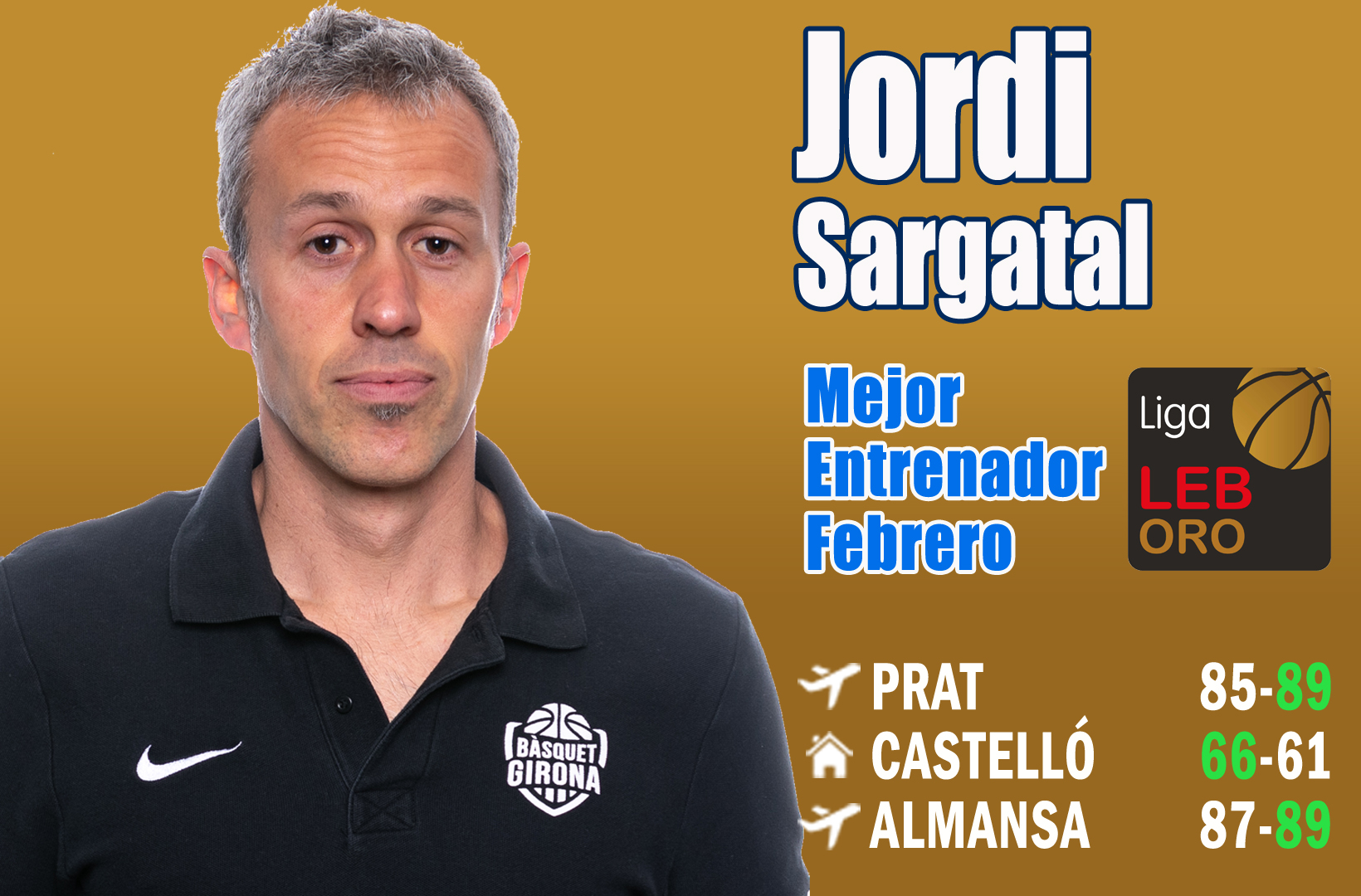 Jordi Sargatal Mejor Entrenador del Mes de Febrero-Trofeo AEEB de la LEB Oro